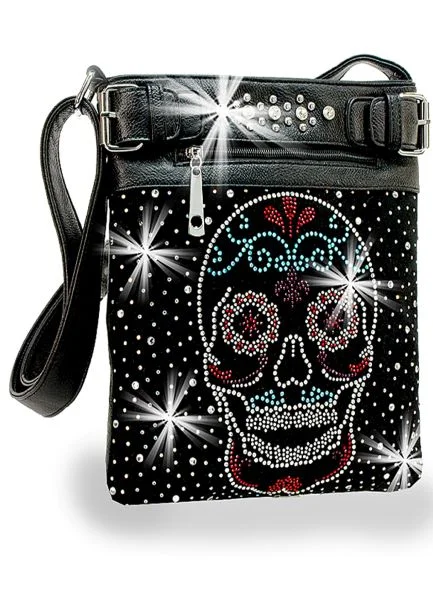 Odor-Resistant And Budget Bags Sugar Skull Rhinestone Crossbody Sling