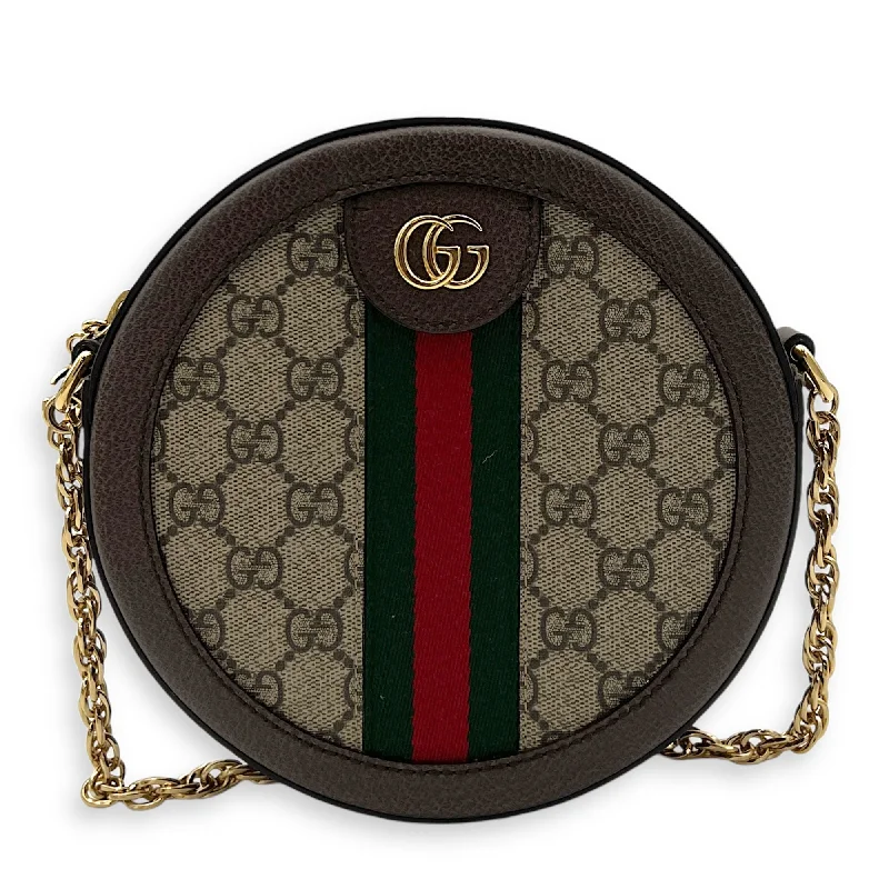 Budget-Friendly Fashion Ophidia Round Brown Crossbody Bag in Monogram Coated Canvas, Gold hardware