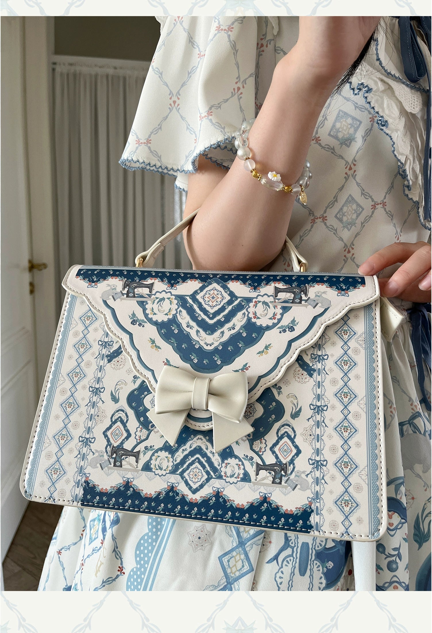 Bags For Personalized Gifts Alice in Wonderland~Rabbit Sewing Machine~Elegant Lolita Bag Floral Print Bow Bag