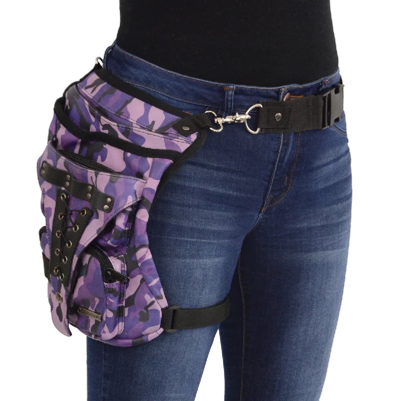 Timeless Style Promotions Milwaukee Leather MP8886 Ladies Purple Leather Camouflage Conceal and Carry Black Thigh Bag