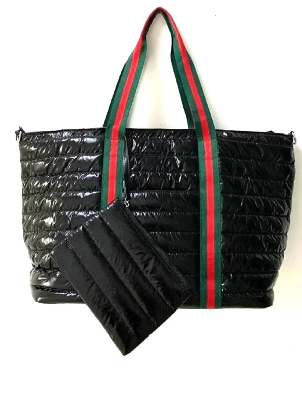 Affordable Bags For Budget Shoppers Black Metallic Puffer Nylon Tote with Green & Red Stripe