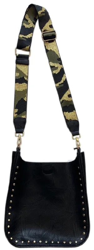 Bags For College Students On A Budget AHDORNED BLACK VEGAN MESSENGER W/GOLD STUDS & GOLD CAMO 2" ADJUSTABLE STRAP