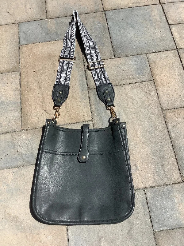 Luxury Bags For Working Professionals Black Vegan Leather Messenger Bag w/ Black & White Varigated Strap