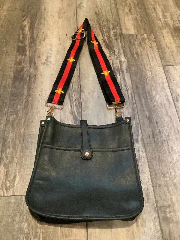 Rustic Bags For Outdoor And Nature-Inspired Looks Black  Vintage Vegan Leather Messenger Bag with Red & Black  Bee Strap 🖤🐝❤️