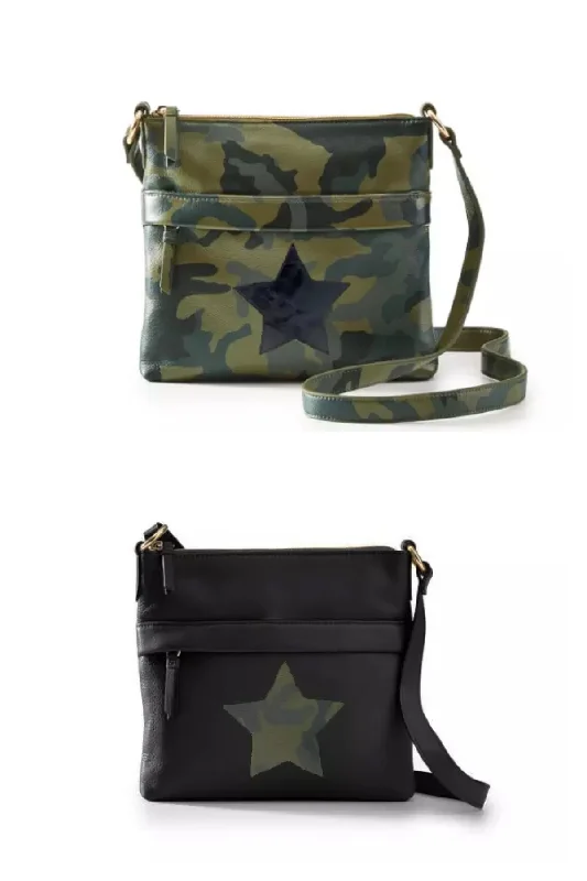 Bold Fashionistas Army or Black Vegan leather crossbody with star