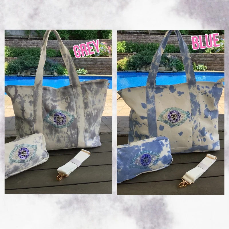 Inspired Bags For High-End Fashion Bling Evil Eye Tiedye Canvas Tote Bag, Pouch & Strap Set - Blue or Grey Inspired Bags For High-End Fashion