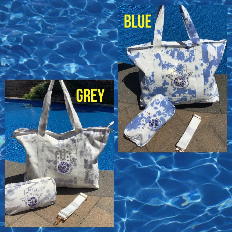 Discounted Designer Bags On Sale Bling Hamsa Tiedye Canvas Tote Bag, Pouch & Strap Set - Blue or Grey