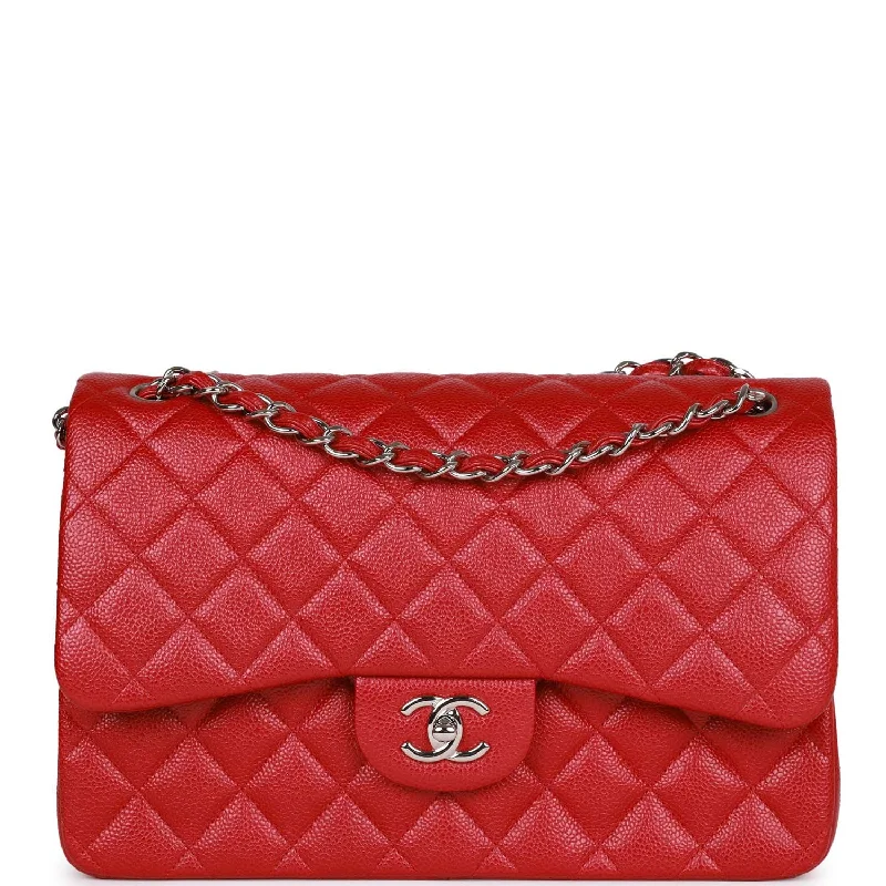 Flash Sales On Premium And High-Quality Bags Pre-owned Chanel Jumbo Classic Double Flap Bag Metallic Red Caviar Silver Hardware