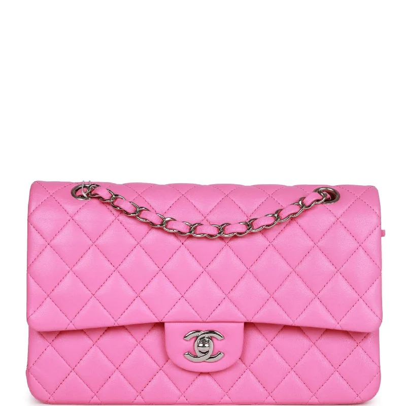 Elegant Bags For Formal Events And Luxury Occasions Pre-owned Chanel Medium Classic Double Flap Bag Neon Pink Lambskin Silver Hardware