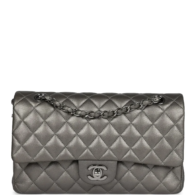 Luxury Bags For Working Professionals Pre-owned Chanel Medium Classic Double Flap Bag Metallic Grey Lambskin Silver Hardware Luxury Bags For Working Professionals