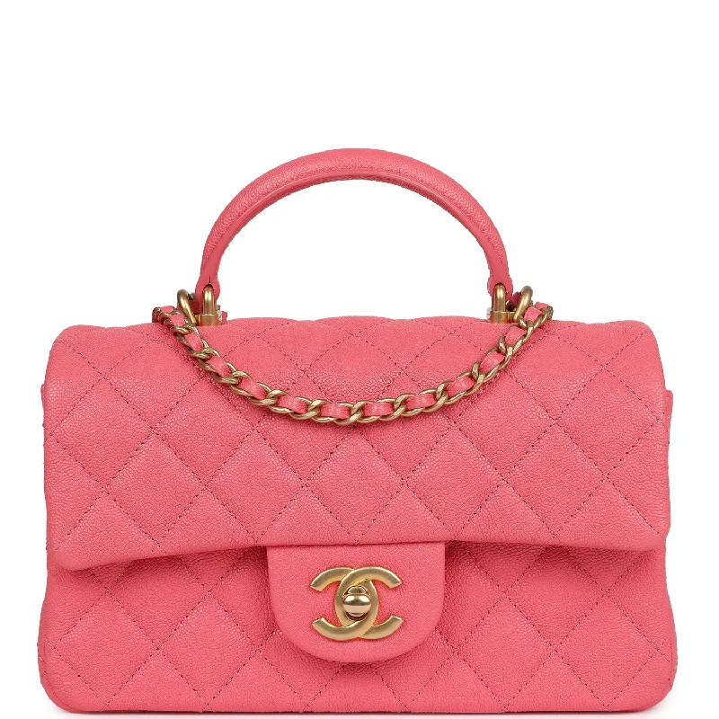 Lightweight Bags For Senior Travelers Pre-owned Chanel Mini Rectangular Flap with Top Handle Hot Pink Caviar Antique Gold Hardware