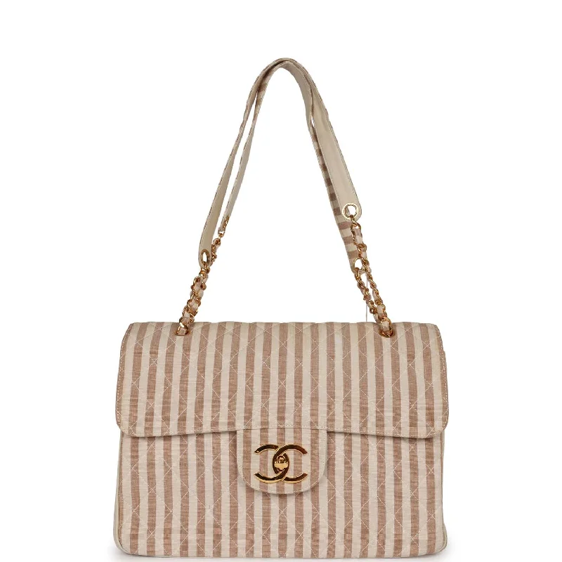 Limited-Time Offer On Trendy Bags Vintage Chanel XXL Travel Flap Bag Striped Linen Gold Hardware