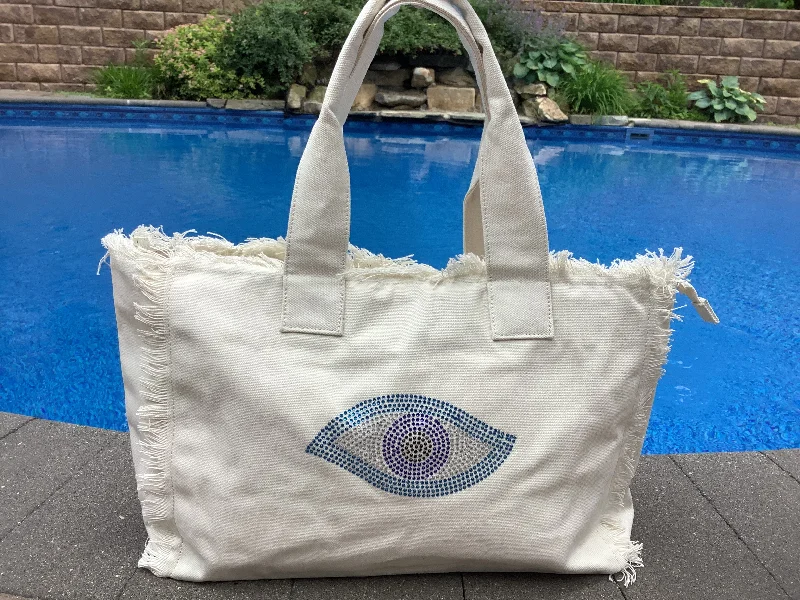 Retro Lovers Evil Eye Fringe Canvas Tote -Cream