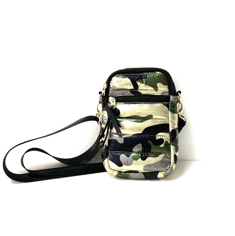 Cozy Handbags With Clearance Prices Gold Metallic Camouflage Nylon Cell phone Crossbody Shoulder Bag Cozy Handbags With Clearance Prices