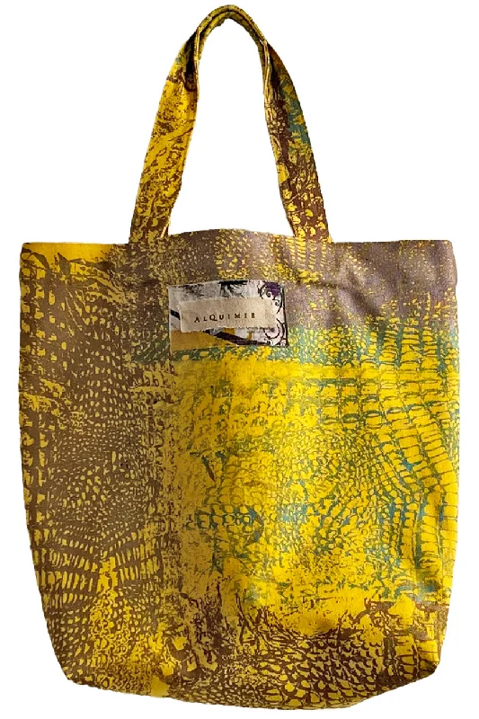 Stylish Bags For Fashion Bloggers With Promotions Hand Dyed & Printed Canvas Tote - Canary Yellow & Green Alligator