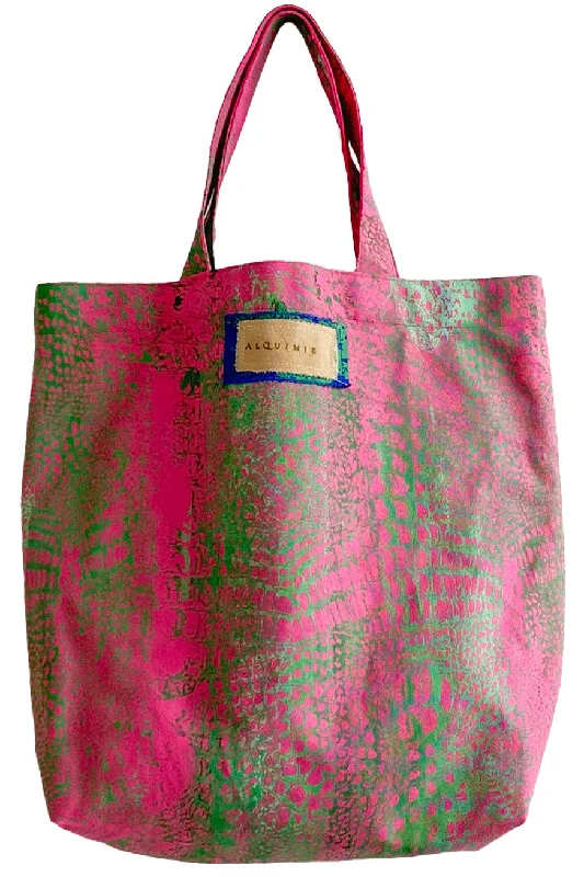 Bags For Outdoor Adventures Hand Dyed & Printed Canvas Tote - Pink & Green Alligator Bags For Outdoor Adventures Hand Dyed & Printed Canvas Tote - Pink & Green Alligator