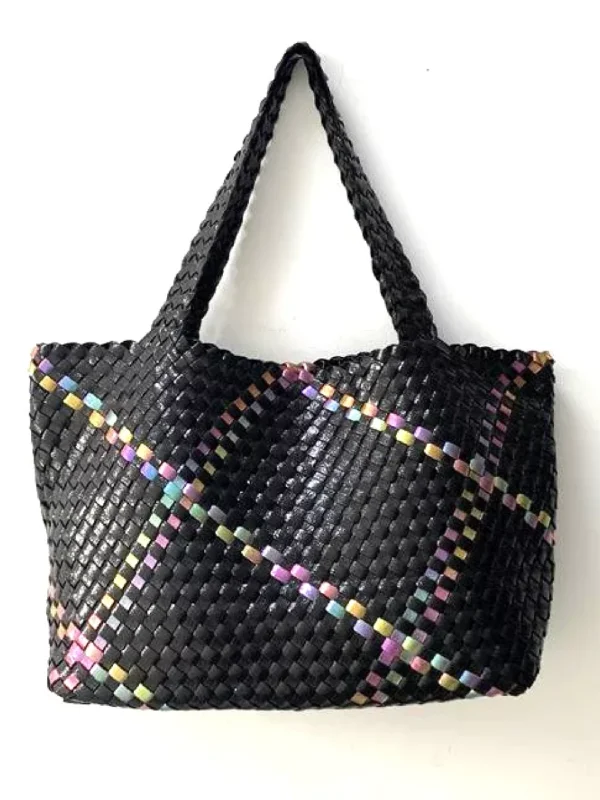 Bags With Seasonal Sales Hand Weave PU Vegan Leather Tote Bag- Black Metallic Pastel