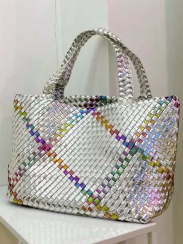 Evening Events Hand Weave PU Vegan Leather Tote Bag- Silver Metallic Pastel