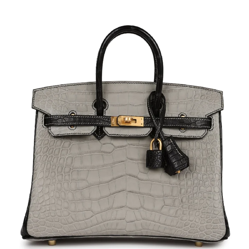 Cyber Monday Discounts On Bags Hermes Special Order (HSS) Birkin 25 Gris Perle and Black Matte Alligator Mississippienis Brushed Gold Hardware