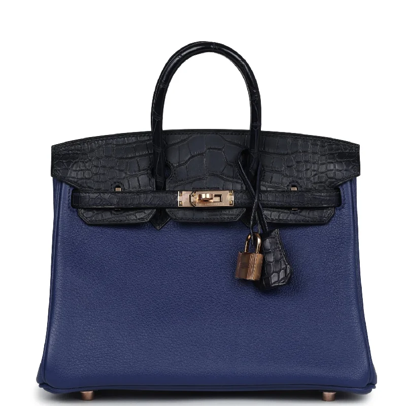 Active Lifestyles Hermes Birkin 25 Bleu Saphir Taurillion Novillo and Bleu Marine Matte Alligator Touch Rose Gold Hardware