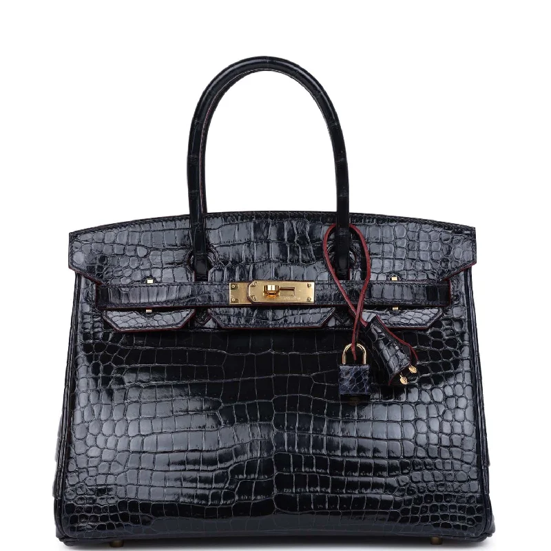 Odor-Resistant And Budget Bags Hermes Birkin 30 Bleu Marine and Rouge H Contour Shiny Porosus Crocodile Gold Hardware Odor-Resistant And Budget Bags