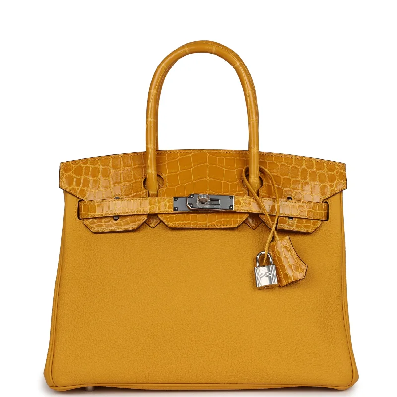 Discounted Designer Bags For Clearance Sale Hermes Birkin 30 Jaune Ambre Shiny Niloticus Crocodile and Togo Touch Palladium Hardware Discounted Designer Bags For Clearance Sale