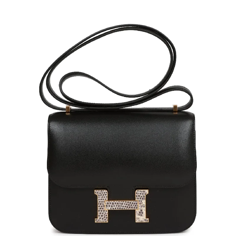 Luxury Bags On Sale Hermes Constance 18 Black Tadelakt and Ombre Lizard Gold Hardware