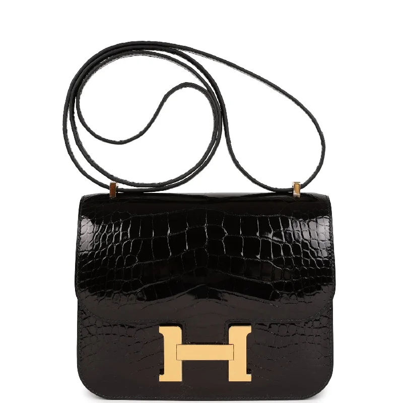 Bold Fashionistas Hermes Constance 18 Black Shiny Alligator Gold Hardware