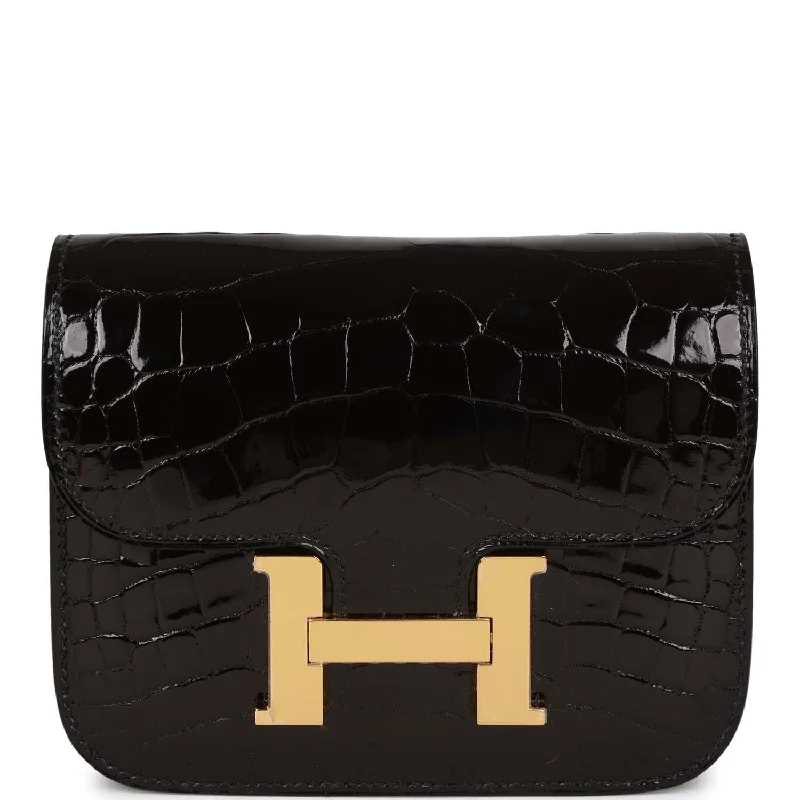 Designer Bags For Luxury Collectors Hermes Constance Slim Wallet Shiny Black Alligator Gold Hardware