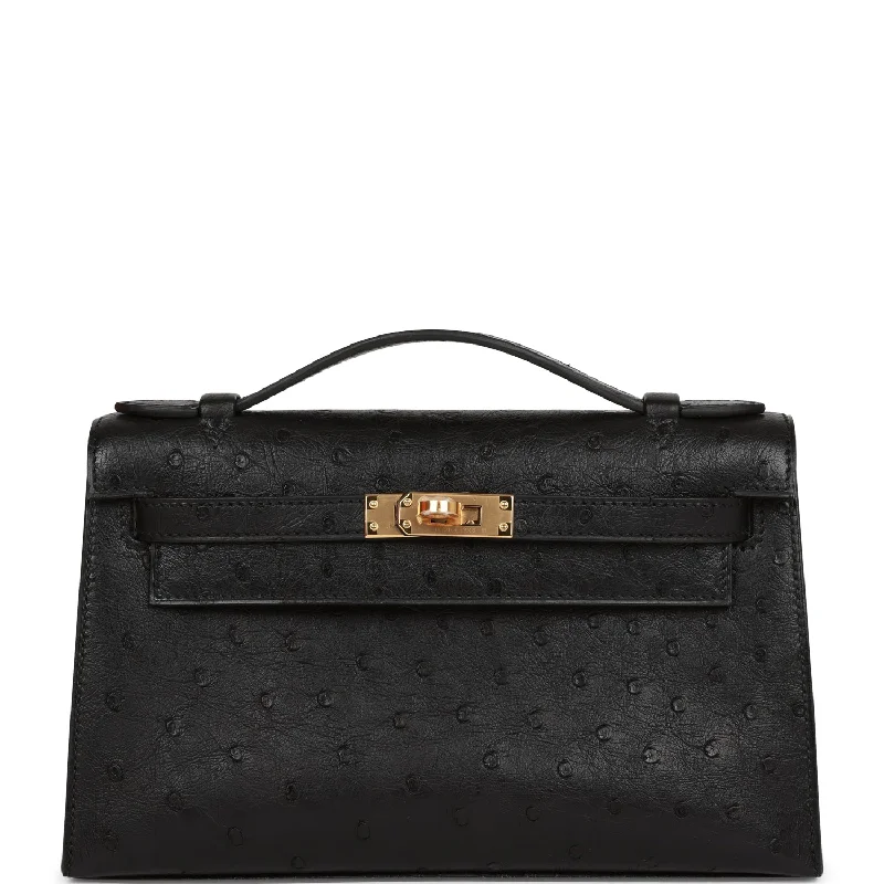 Romantic Valentine's Day Bags With Promotions Hermes Kelly Pochette Black Ostrich Gold Hardware