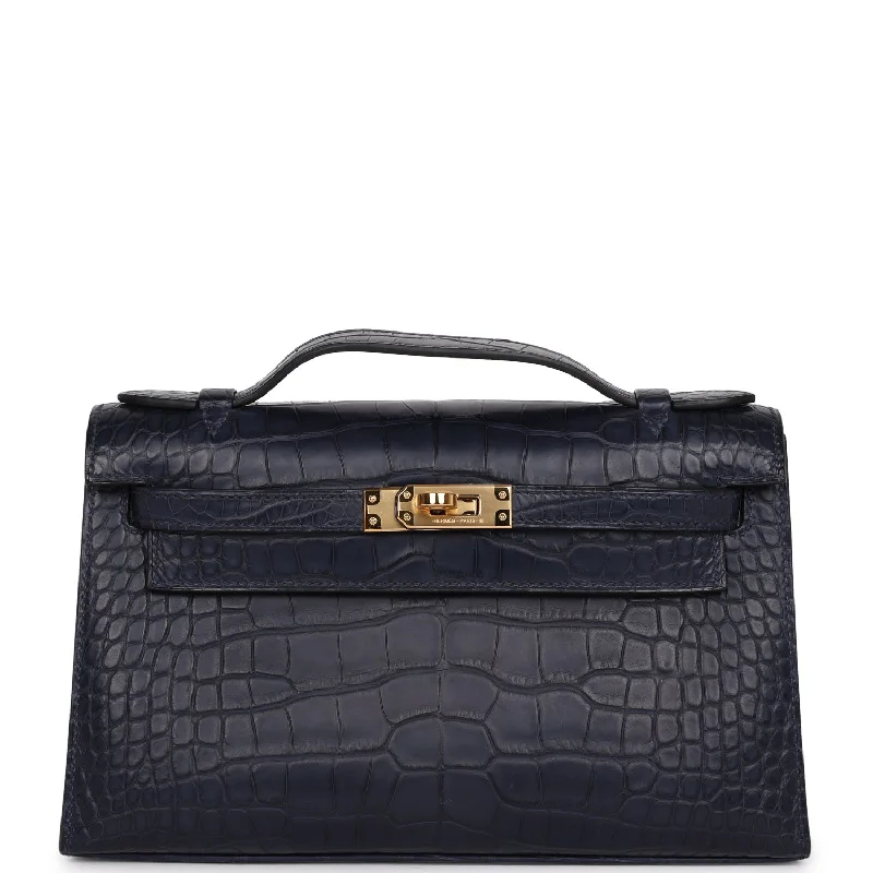 Eco-Friendly Bags With Promotions Hermes Kelly Pochette Bleu Indigo Matte Alligator Gold Hardware