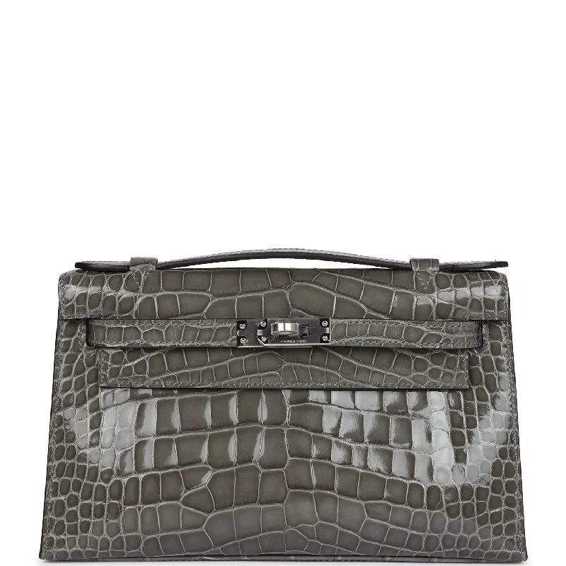 Festive Holiday Gift Bags Hermes Kelly Pochette Gris Ciment Shiny Alligator Palladium Hardware