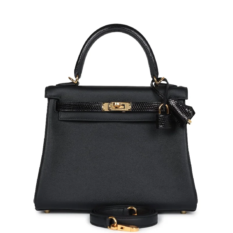 Inspired Bags For Modern Sophistication Hermes Kelly Retourne 25 Black Swift and Varanus Niloticus Lizard Touch Gold Hardware Inspired Bags For Modern Sophistication Hermes Kelly Retourne 25 Black Swift and Varanus Niloticus Lizard Touch Gold Hardware