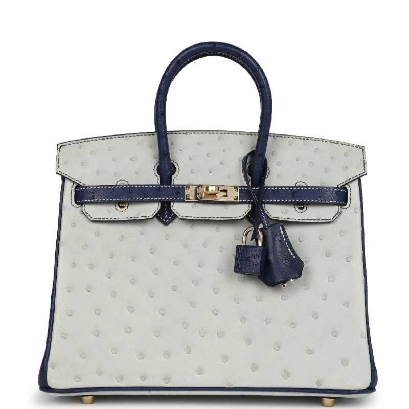 Tote Bag For Everyday Use Hermes Special Order (HSS) Birkin 25 Gris Perle and Bleu Iris Ostrich Permabrass Hardware