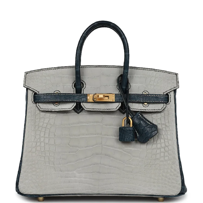 Uxury Designer Handbag Brands Hermes Special Order (HSS) Birkin 25 Gris Perle and Vert Rousseau Matte Alligator Brushed Gold Hardware