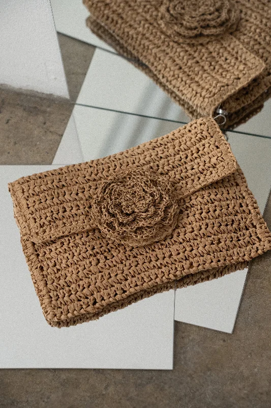 Lightweight And Affordable Bags Khaki Woven Rose Clutch