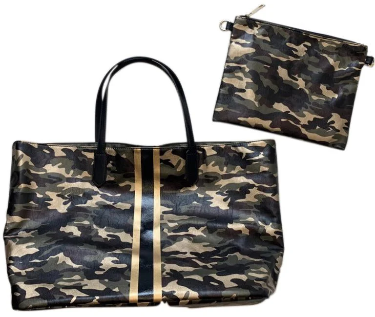 Elegant New Year Party Bags With Flash Sales METALLIC CAMO TOTE W/STRIPE & PULL OUT INTERIOR CROSS BODY - GOLD CAMO Elegant New Year Party Bags With Flash Sales