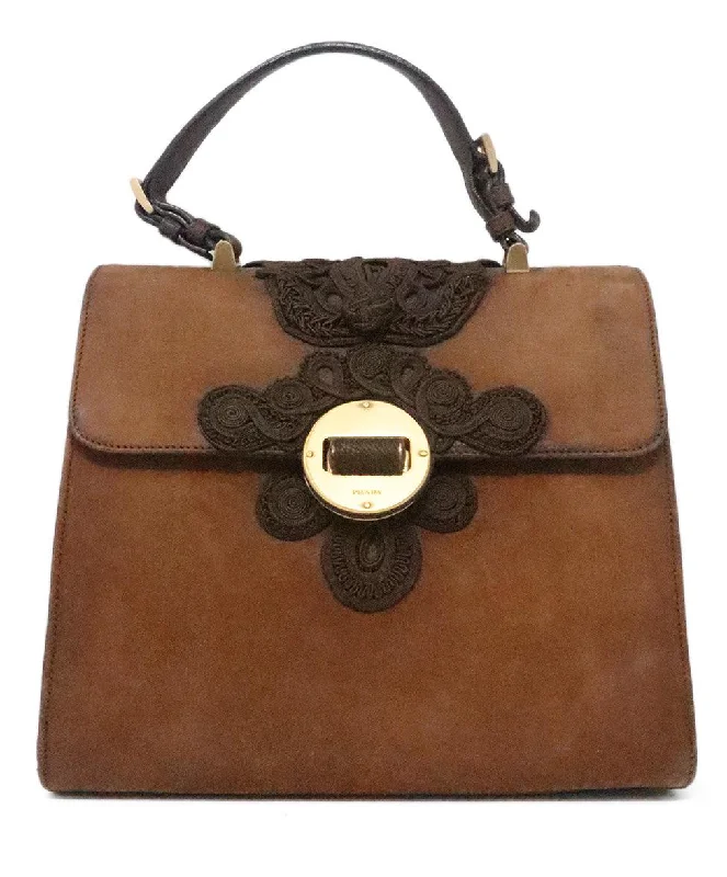 Lightweight Bags With Clearance Prices Prada Brown Suede Embroidered Satchel