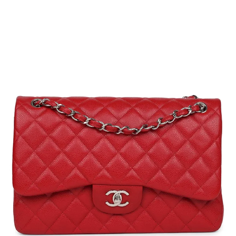 Festival Bags For Concerts And Events Pre-owned Chanel Jumbo Classic Double Flap Red Caviar Silver Hardware Festival Bags For Concerts And Events