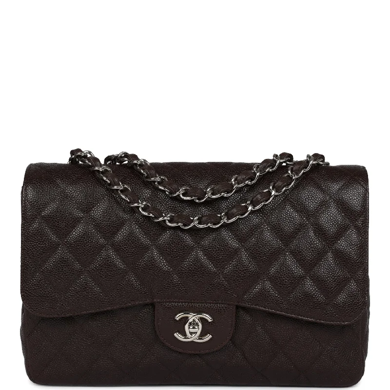 Designer Bags For Luxury Collectors Pre-owned Chanel Jumbo Classic Single Flap Dark Brown Caviar Silver Hardware Designer Bags For Luxury Collectors