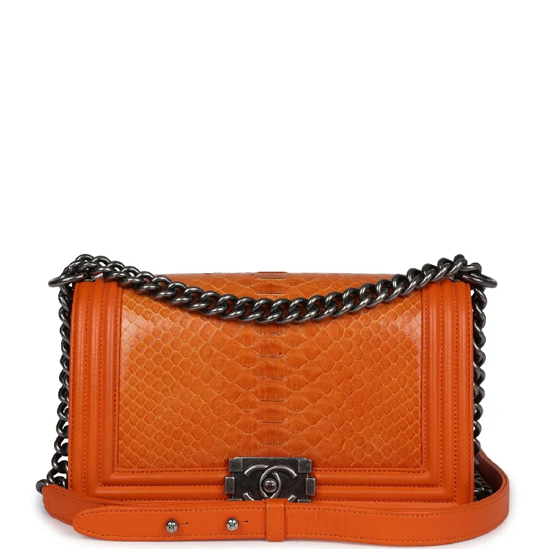 Customizable Bags For Personalized Style Pre-owned Chanel Medium Boy Bag Orange Python Aged Ruthenium Hardware Customizable Bags For Personalized Style