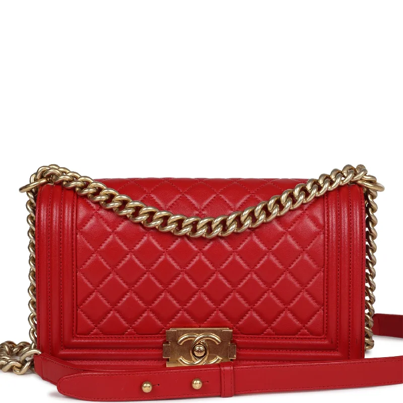 Inspired Bags For Modern Sophistication Pre-owned Chanel Medium Boy Bag Red Lambskin Antique Gold Hardware Inspired Bags For Modern Sophistication