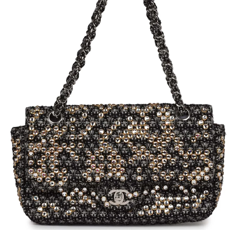 Handbag For Women Pre-owned Chanel Medium Single Flap Black and White Tweed With Crystals Silver Hardware Handbag For Women