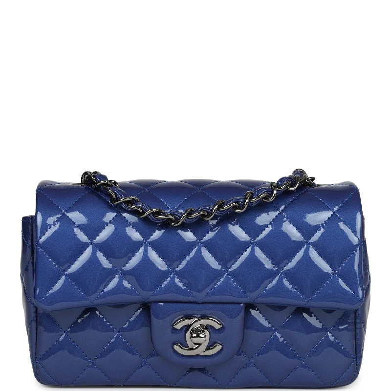 Seasonal Clearance Bags For Summer Pre-owned Chanel Mini Rectangular Flap Bag Blue Patent Ruthenium Hardware