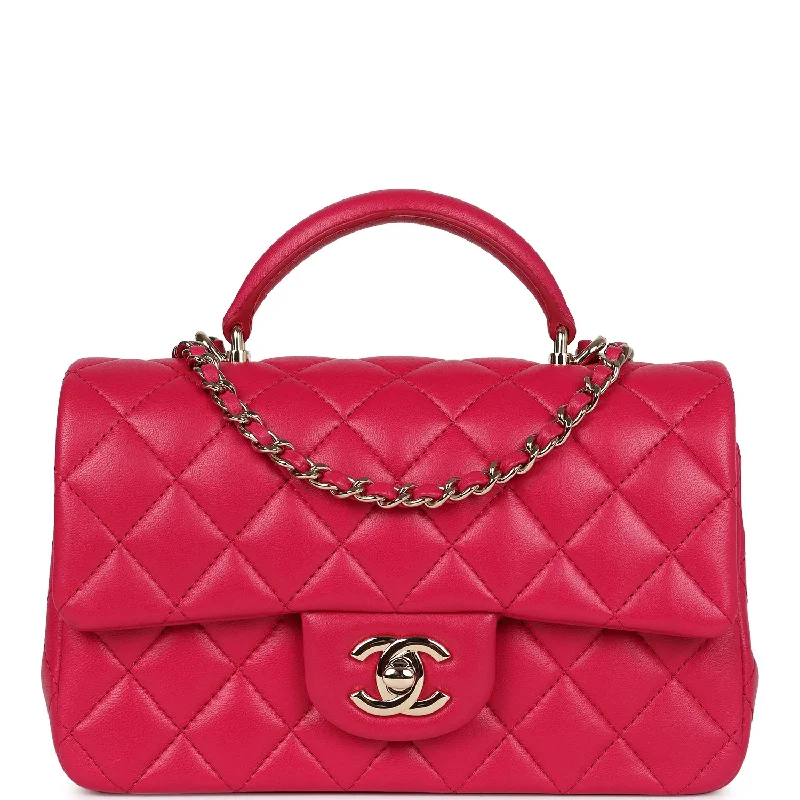 Luxury Bags On Sale Pre-owned Chanel Mini Top Handle Rectangular Flap Bag Fuchsia Lambskin Light Gold Hardware