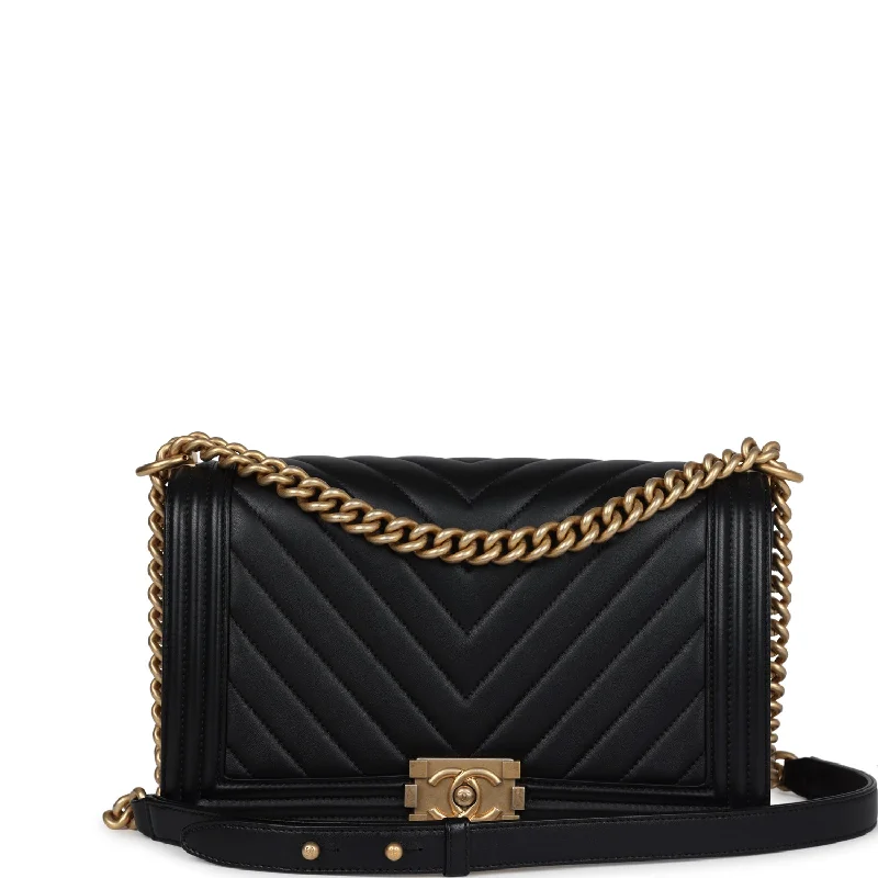 Trendy And Discounted Designer Handbags Pre-owned Chanel New Medium Chevron Boy Bag Black Calfskin Antique Gold Hardware Trendy And Discounted Designer Handbags