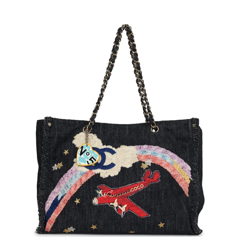 Halloween-Themed Pre-owned Chanel Night Flight Embroidered Shopping Tote Multicolored Denim Gold Hardware Halloween-Themed