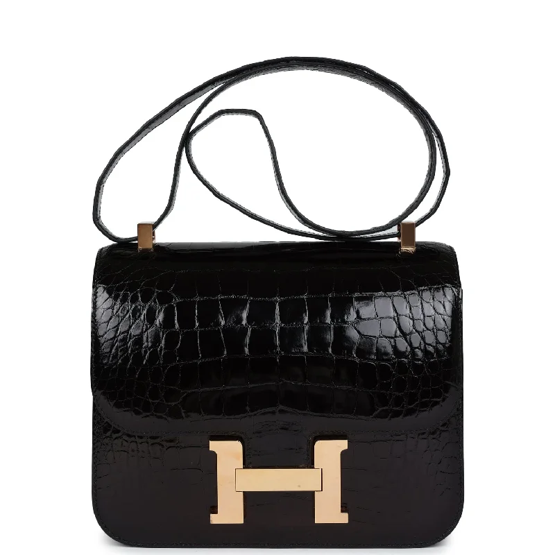 Eco-Friendly Bags With Promotions Pre-owned Hermes Constance 24 Black Shiny Alligator Rose Gold Hardware