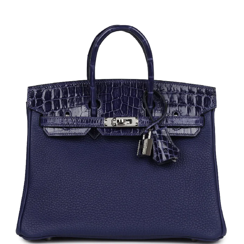 Durable And Cheap Bags Pre-owned Hermes Birkin 25 Touch Bleu Encre Togo and Shiny Niloticus Crocodile Palladium Hardware