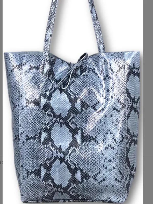 Handbag For Fashion PRINTED PYTHON DENIM LEATHER TOTE SHOPPING BAG JIJOU CAPRI - DENIM BLUE/GREY Handbag For Fashion